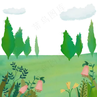 夏天绿色树叶花朵草地