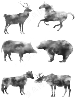 手绘黑白动物水墨画免扣可商用素,免抠元素