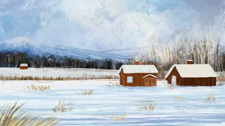 立冬节气房屋雪地风景油画