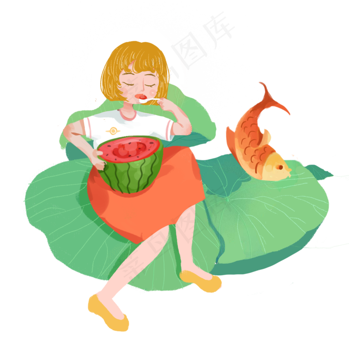 小暑荷叶上吃西瓜女孩png素材
