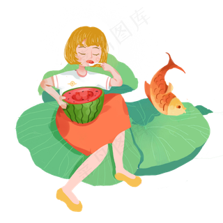 小暑荷叶上吃西瓜女孩png素材