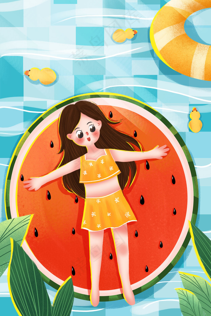 小清新大暑节气女孩泳池吃西瓜