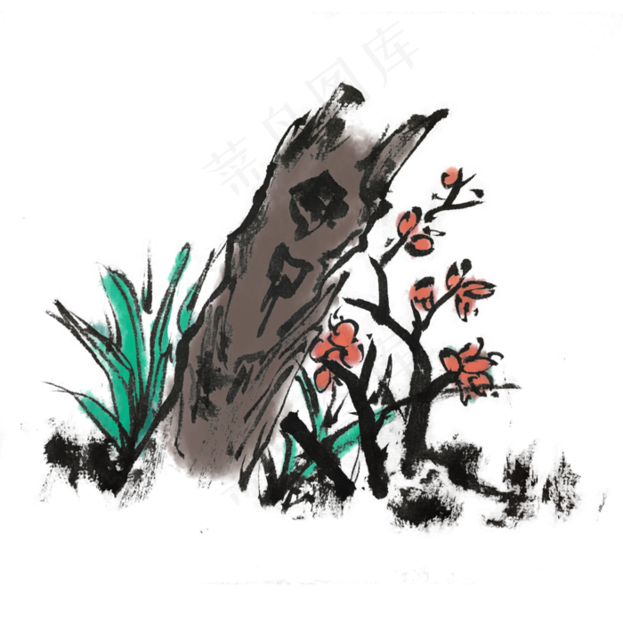 中国风水墨风花草手绘插画,免抠元素