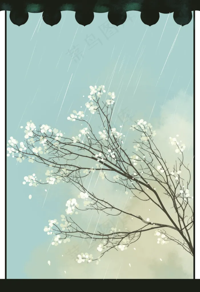 清明节雨中杏花边框,免抠元素