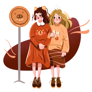 儿童节路边等车的两个小姐妹手绘