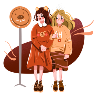 儿童节路边等车的两个小姐妹手绘