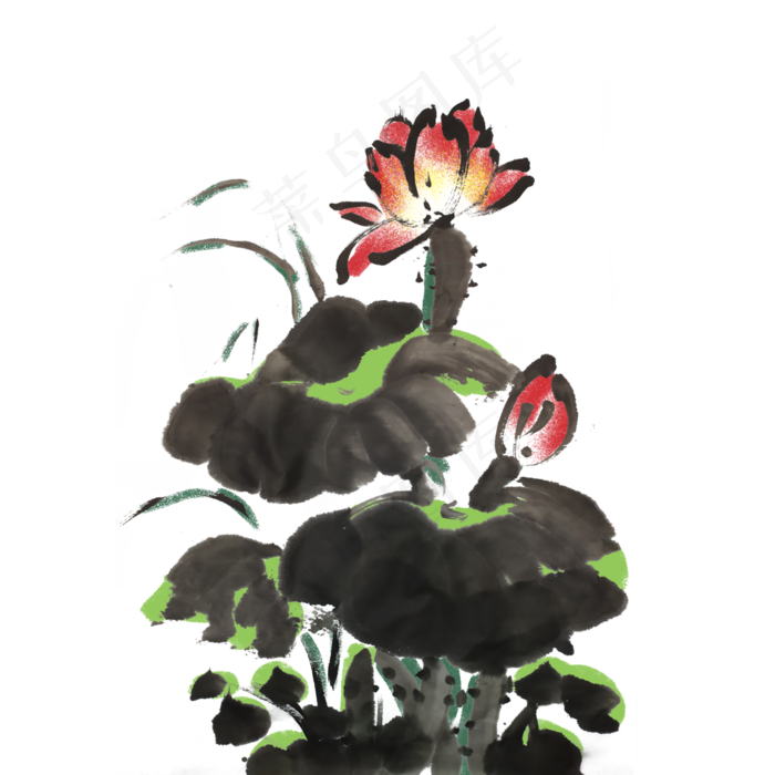 夏天水墨风荷花荷叶手绘(4000X4000(DPI:300))psd模版下载