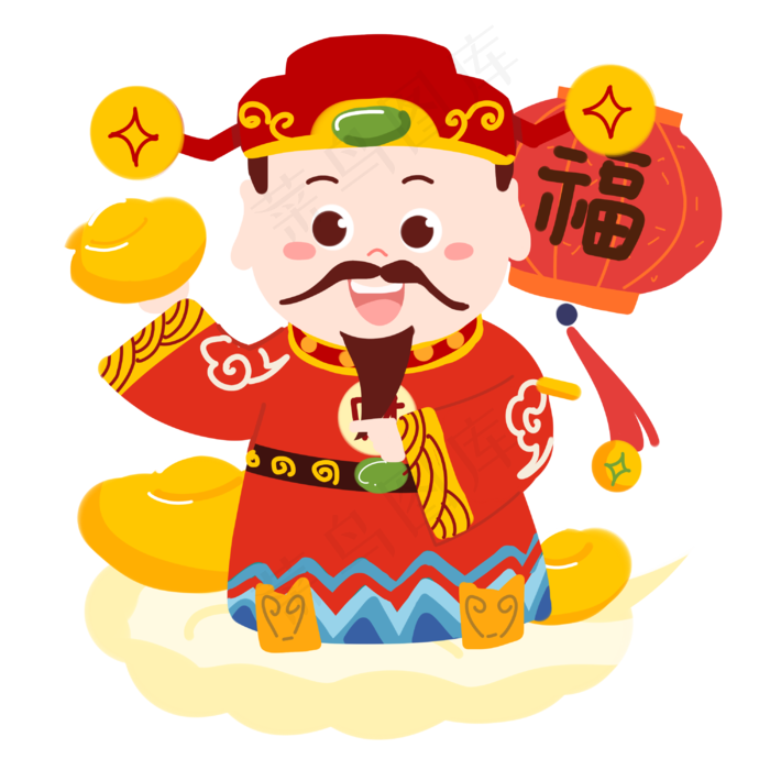 春节卡通财神送金元宝PNG素材,免抠元素(2999*2999px 300 dpi )psd模版下载