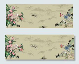 复古手绘花朵古风简约风格banner