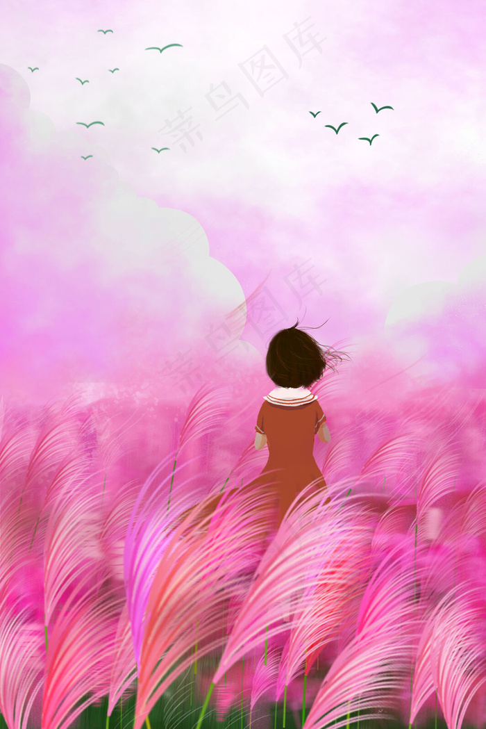 春天夏至小红花 文艺小女孩小鸟花丛天空云(3545X5315(DPI:300))psd模版下载