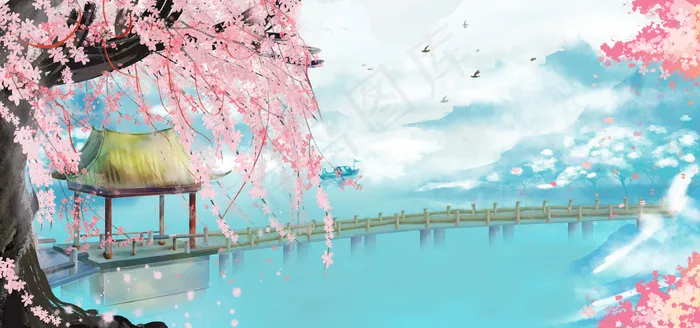 清新蓝色古风山水廊桥(1920*900px 	       )psd模版下载