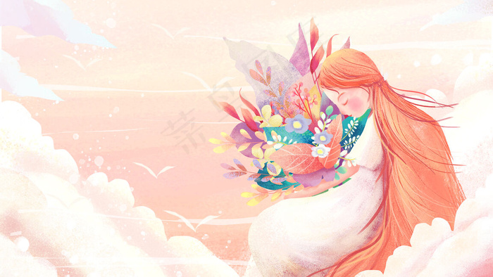 温馨唯美云上捧花少女(2880*1620px 300 dpi )