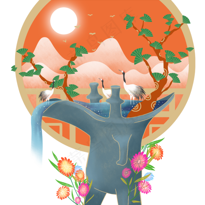 中国古典水彩酒樽山水,免抠元素