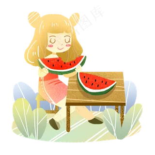 小暑吃西瓜乘凉的女孩素材