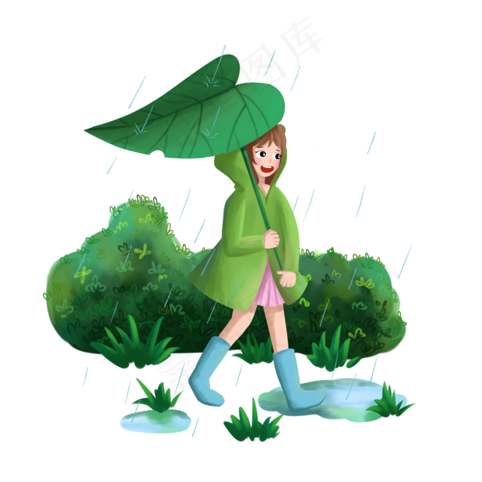 谷雨用叶子挡雨女孩