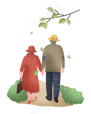 重阳节老人牵手背影植物叶子,免抠元素