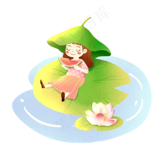 小暑吃西瓜乘凉的女孩素材