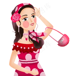 手绘卡通戴着玫瑰发带的时尚美女