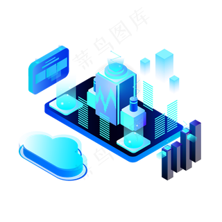 2.5D蓝色互联网技术场景,免抠元素