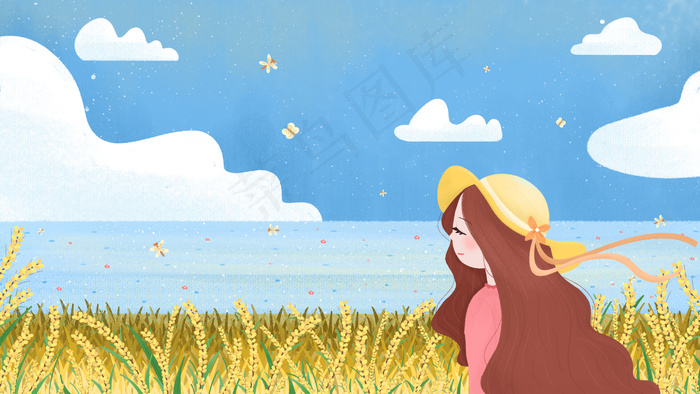 芒种节日节气麦子黄色治愈夏天少女(2880*1620px 300 dpi )psd模版下载