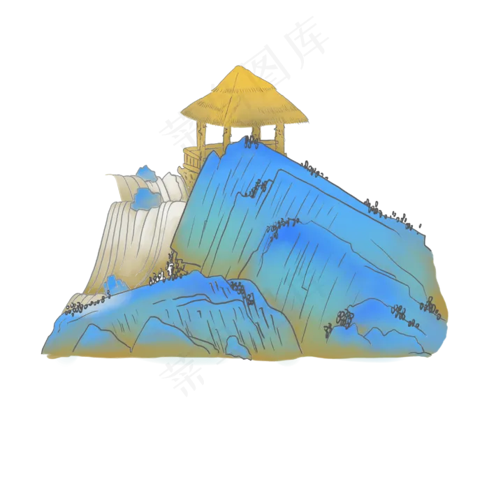 中国风水墨点翠山水工笔写意PNG,免抠元素