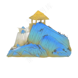 中国风水墨点翠山水工笔写意PNG,免抠元素