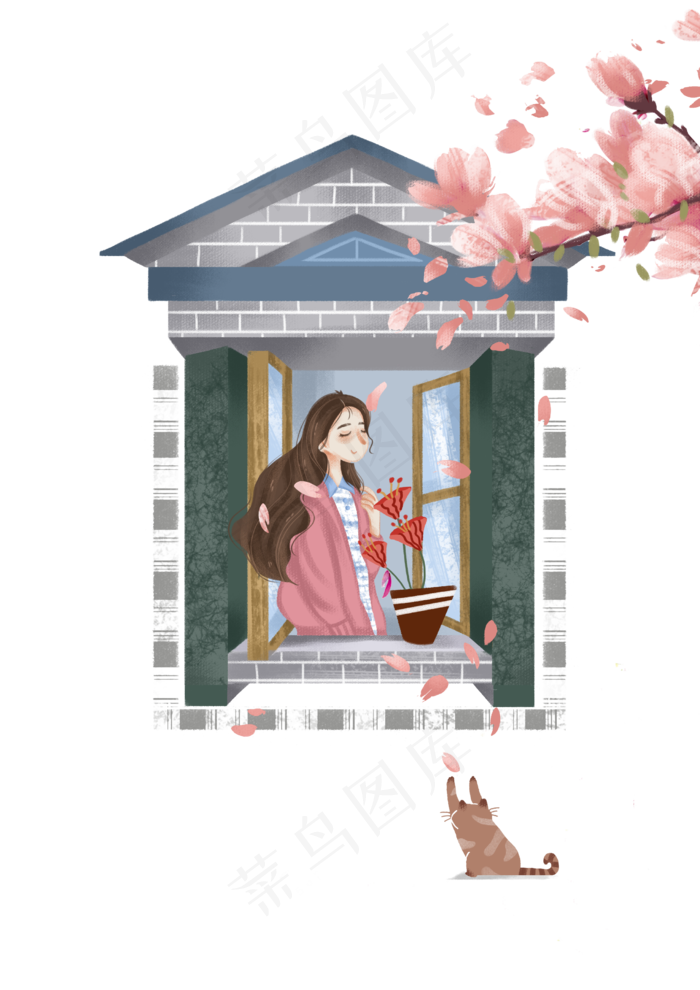 在窗边赏花的少女,免抠元素