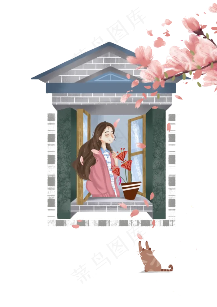 在窗边赏花的少女,免抠元素