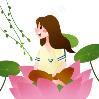 坐在荷花的小女孩