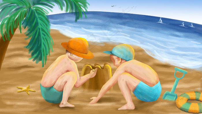 夏日蓝天大海椰树孩童堆沙子(2880X1620(DPI:300))psd模版下载
