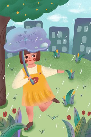 卡通可爱女孩绿色二十四节气谷雨配图