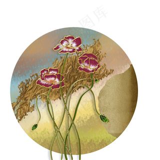 现代装饰画虞美人花卉黄红绿枯草色现代风装饰画