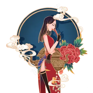 国潮红色旗袍女子复古装饰