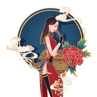 国潮红色旗袍女子复古装饰