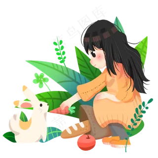 春分人物和小兔子,免抠元素