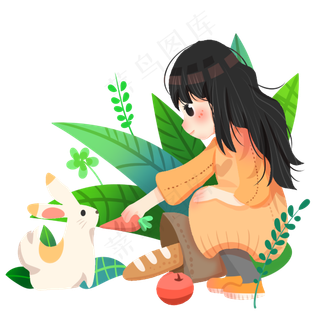 春分人物和小兔子,免抠元素