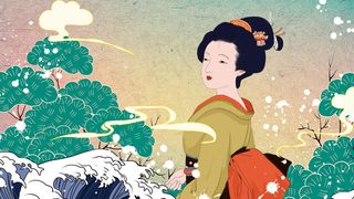 浮世绘女人日系松树海浪云纹和服