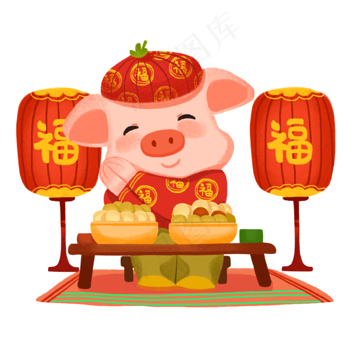 手绘元宵节福猪快乐元宵汤圆晚餐,免抠元素(3000*3000px)psd模版下载