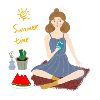 夏天悠闲的可爱手绘女孩