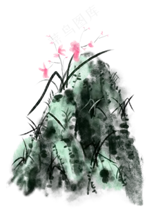 水墨国画山石兰花,免抠元素