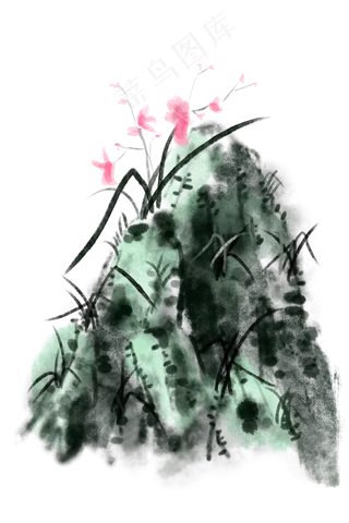 水墨国画山石兰花,免抠元素