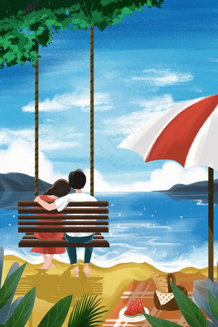 夏天夏日情侣海边520情人节恋人看海(3545*5315px 300 dpi )psd模版下载