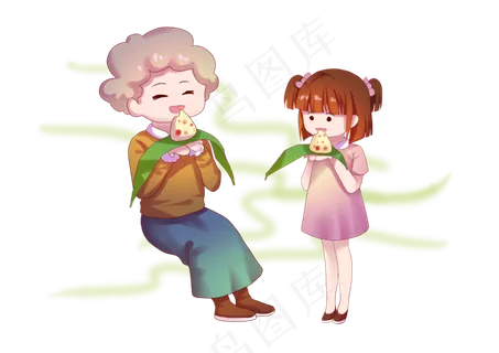 端午节奶奶和孙女一起吃粽子