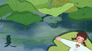 夏季绿色荷塘与女孩清新配图