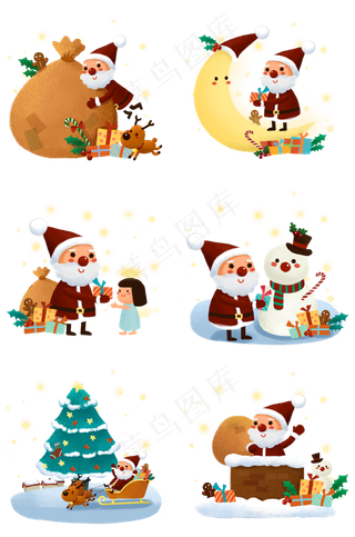 诞节送礼物的Q版手绘圣诞老人组�,免抠元素