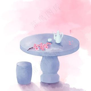 唯美古风手绘石桌石凳桃花花枝酒,免抠元素