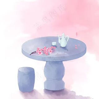 唯美古风手绘石桌石凳桃花花枝酒,免抠元素