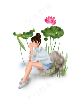 夏日夏季荷塘和女孩