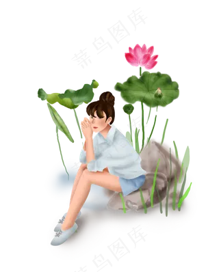 夏日夏季荷塘和女孩