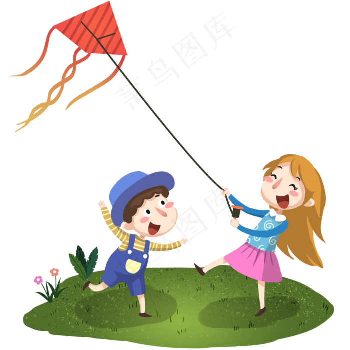 开心小朋友姐弟俩放风筝插画